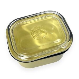 Vintage Beco Ware‎ Refrigerator Dish Yellow Enamel Metal Black Trim Glass Lid